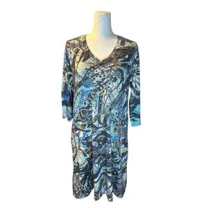 Inoaah Abstract Print V Neck 3/4 Sleeve Midi Dress Women Size M Made USA Pockets